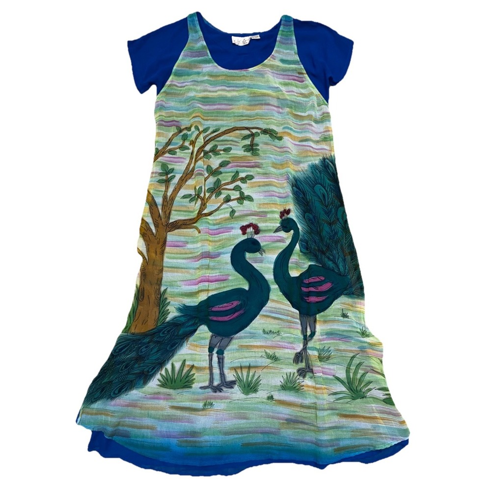 Vtg Dalin Shift Dress M Blue Peacock Painted‎ Wearble Art Two Layer Boho *flaw